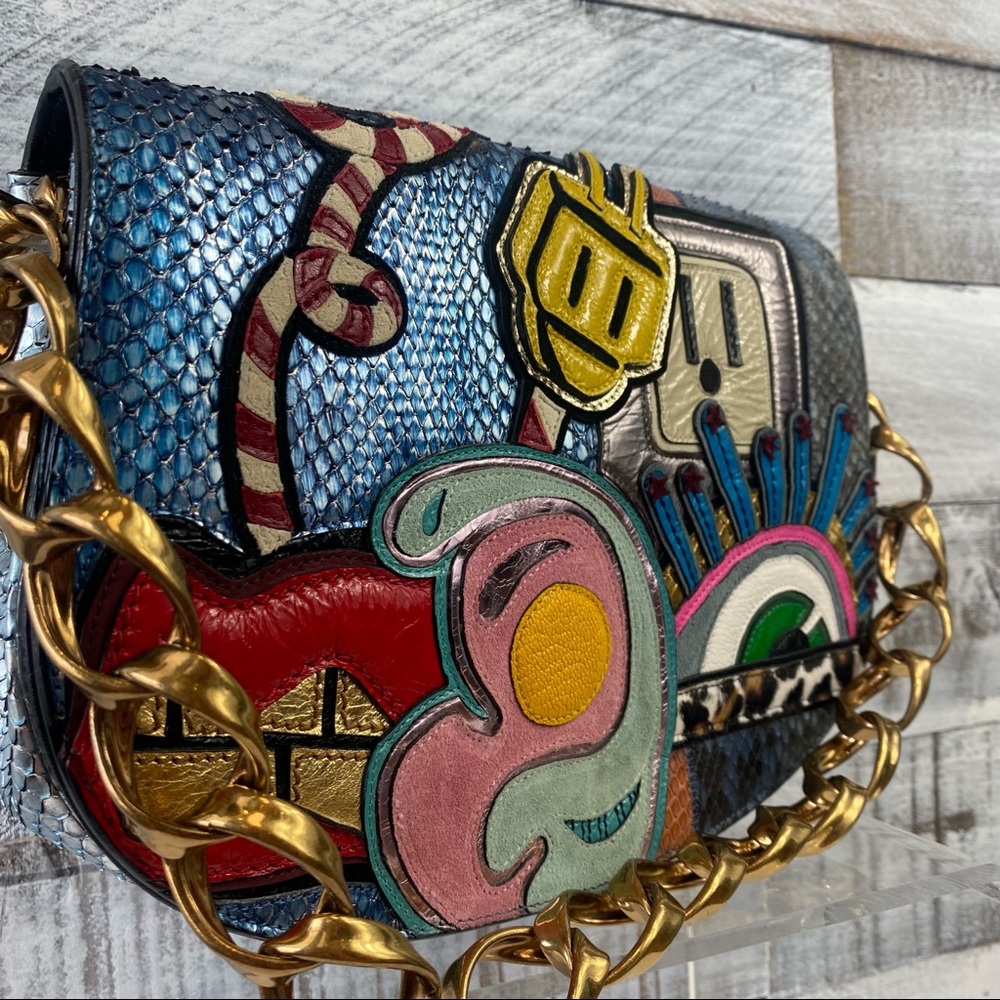 Mark Jacobs Blue Leather Snakeskin flap bag pop art lips straw vacuum eye plug
